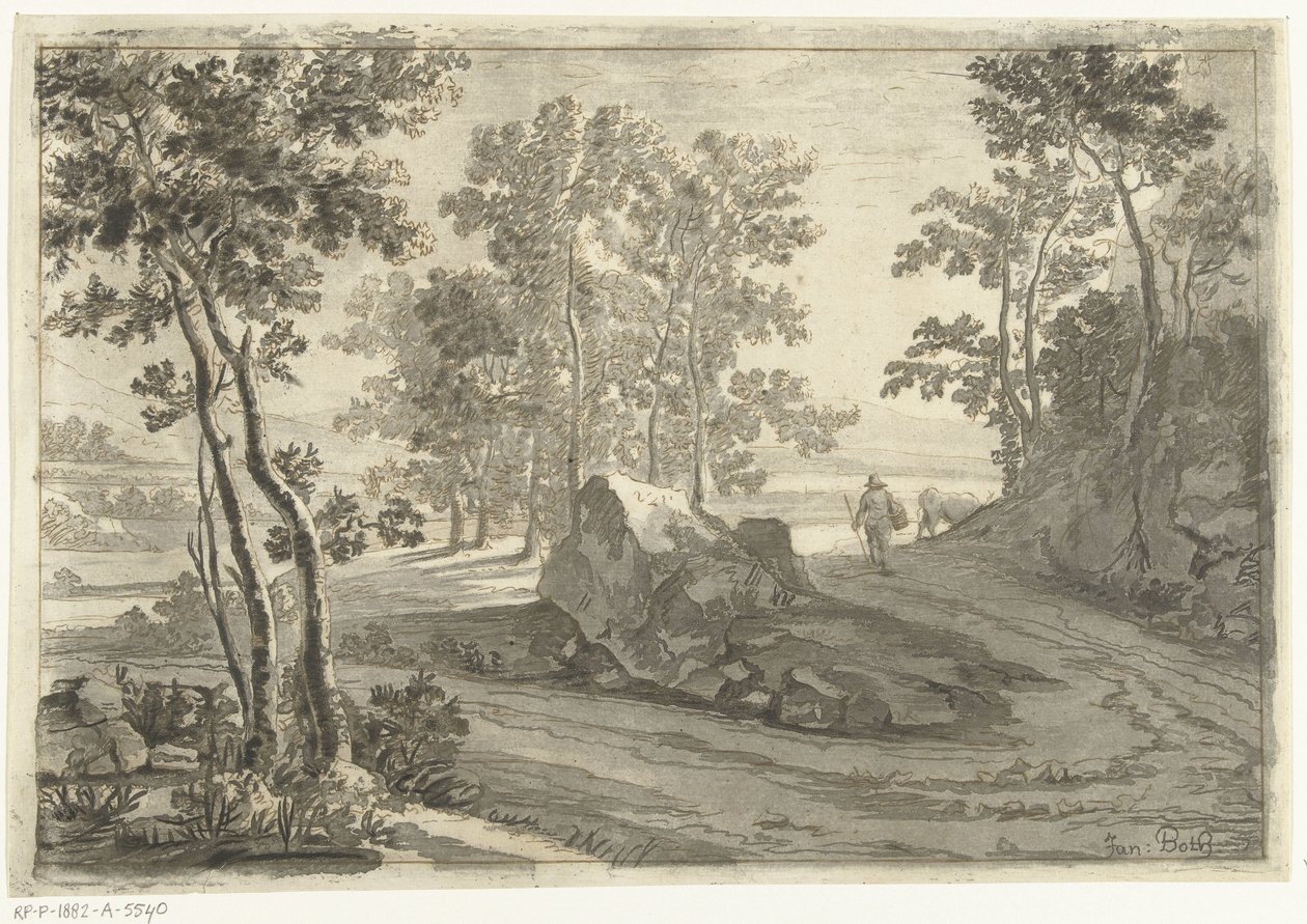 Zalesiony krajobraz z poganiaczem autorstwa Cornelis Brouwer