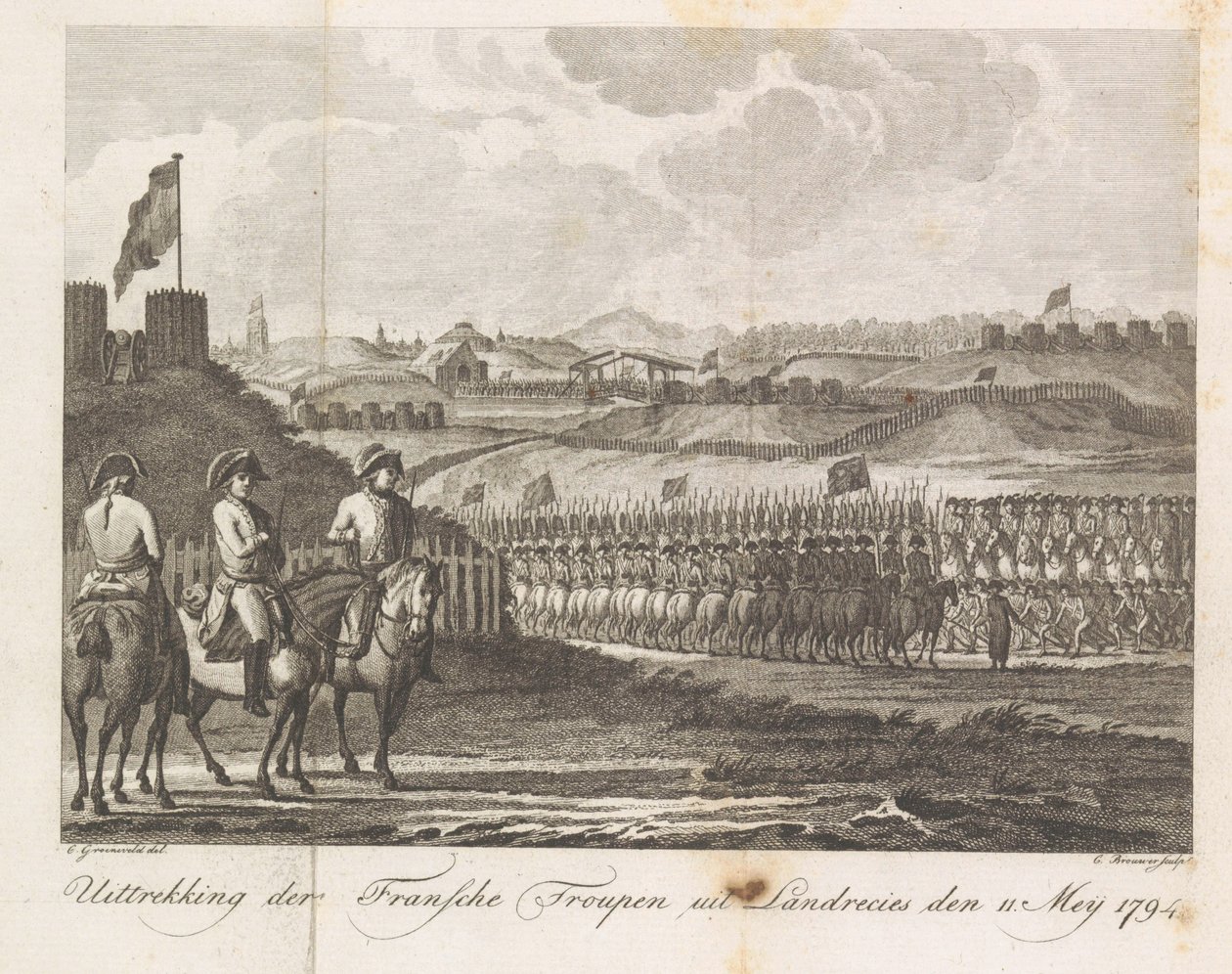 Oddziały francuskie opuszczają Landrecy, 1794 Wydobycie francuskiej trupy z Landrecies den 11 maja 1794 (tytuł na obiekcie) autorstwa Cornelis Brouwer