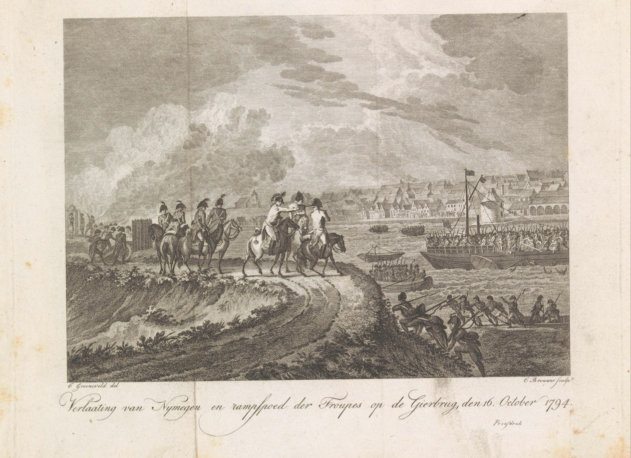 Francuzi ostrzelają uciekające wojska na Gierbrug, 1794 Porzucenie Nymegen i katastrofa trup na moście Sępów, 16 października 1794 (tytuł na obiekcie) autorstwa Cornelis Brouwer