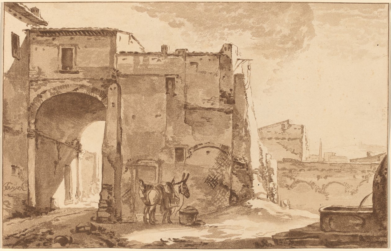 Gateway with Traveler and Mule, 1781, opublikowany 1782. autorstwa Cornelis Brouwer