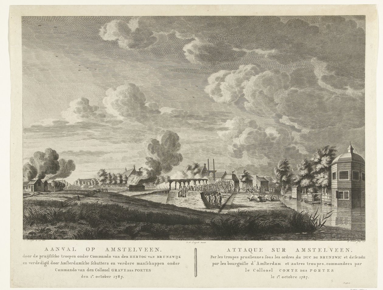 Wojska pruskie atakują Amstelveen bronione przez amsterdamskich bandytów 1 października 1787 r. Atak na Amstelveen... 1 października 1787 (tytuł na obiekcie) Attaque sur Amstelveen ... le 1er. październik 1787 (tytuł na obiekcie) autorstwa Cornelis Brouwer