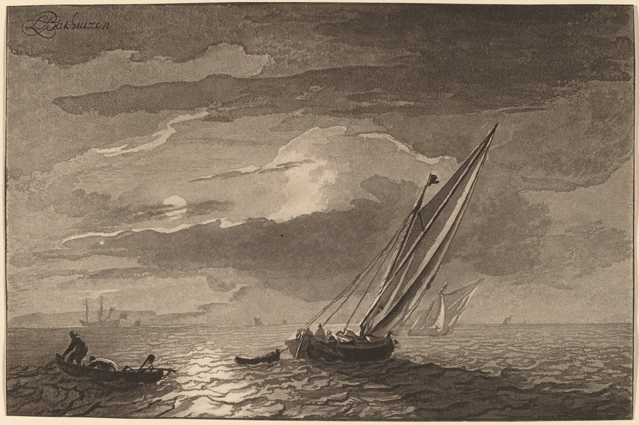 Pejzaż morski z pełnią księżyca, 1779, opublikowany 1781. autorstwa Cornelis Brouwer