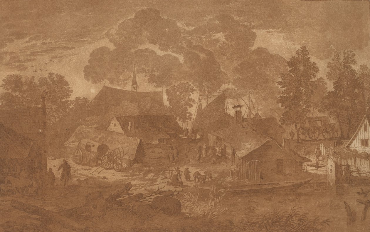 Wioska ze stawem, ok. godz. 1782. autorstwa Cornelis Brouwer