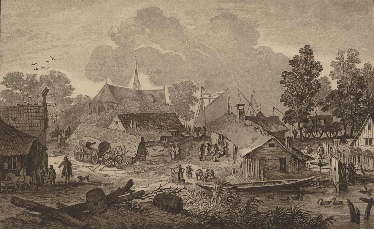 Wieś ze stawem, ok. godz. 1782. autorstwa Cornelis Brouwer
