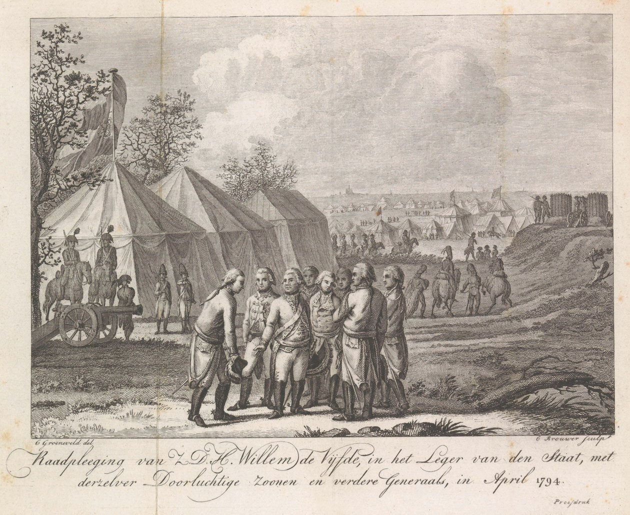 Wilhelm V z synami w obozie wojskowym, 1794 Konsultacje Z.D.H. Wilhelm Piąty, w Armii Stanu, ze swoimi pogodnymi synami i innymi generałami, kwiecień 1794 (tytuł na obiekcie) autorstwa Cornelis Brouwer