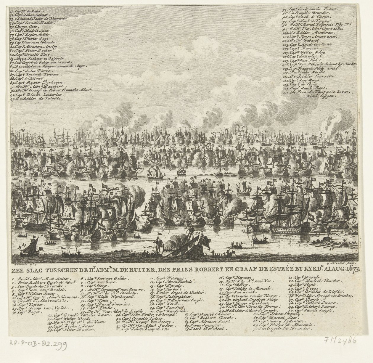 Bitwa pod Kijkduin, 1673 Bitwa morska pomiędzy hr. Admin. Pan de Ruiter, książę Robbert i hrabia de Estrée przez Kykdn. 21 sierpnia 1673 (tytuł na obiekcie) autorstwa Cornelis Brouwer