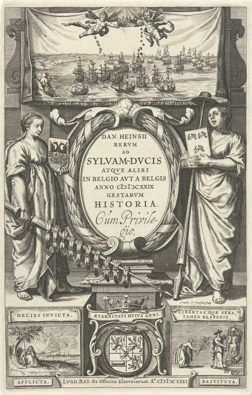 Tytuł strony voor: D. Heinsius, Revm ad Sylvam-Dvcis atqve gdzie indziej w Belgii avt a Belgis anno 100 DCXXIX gestarvm history. 1631 autorstwa Cornelis Claesz. Duysend