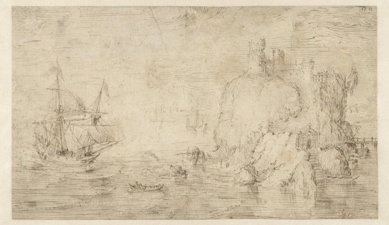 Pejzaż morski ze statkiem w pobliżu wyspy autorstwa Cornelis Claesz van Wieringen (attributed to)