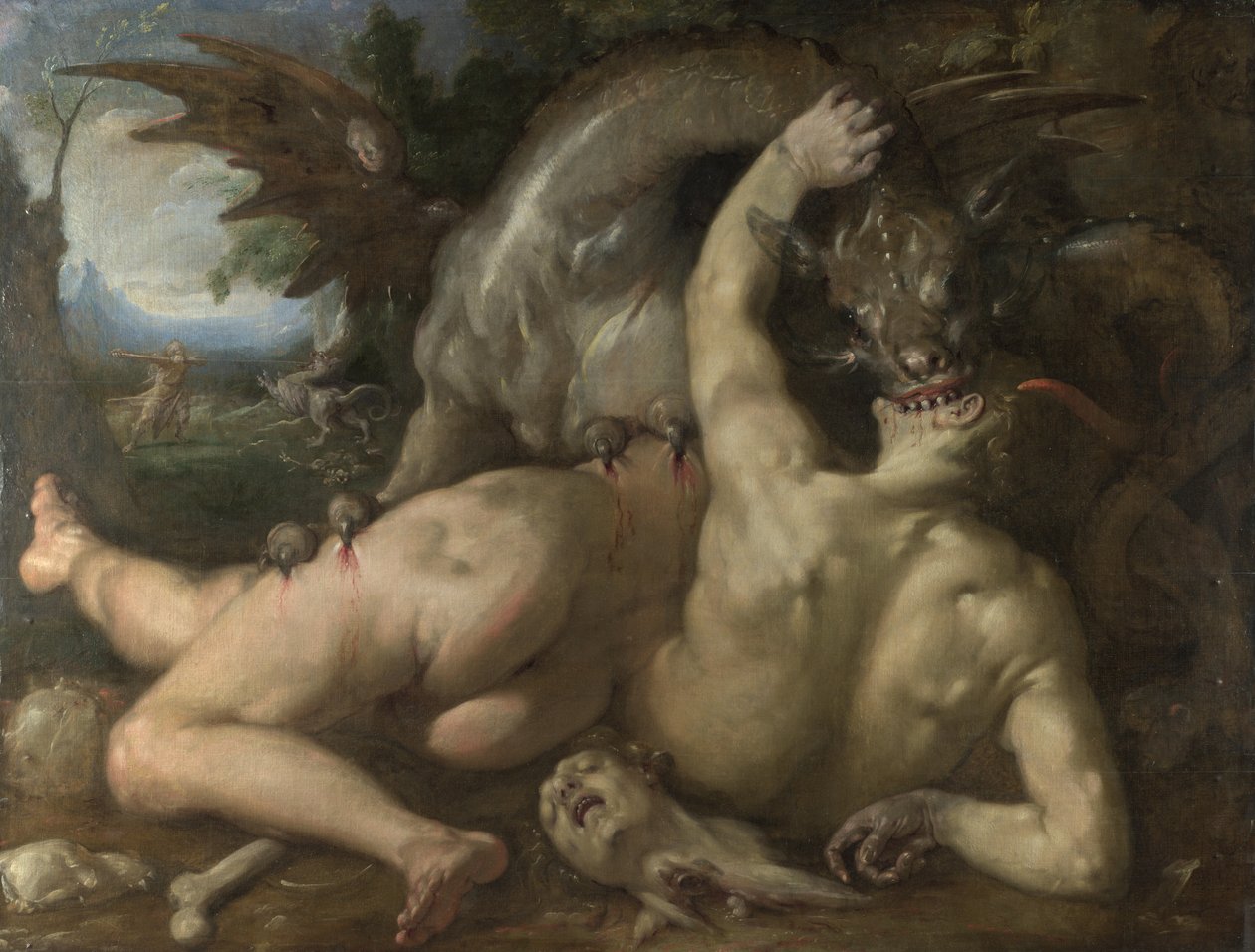 Dwóch wyznawców Kadmusa pożartych przez smoka, 1588 autorstwa Cornelis Cornelisz. Haarlem van