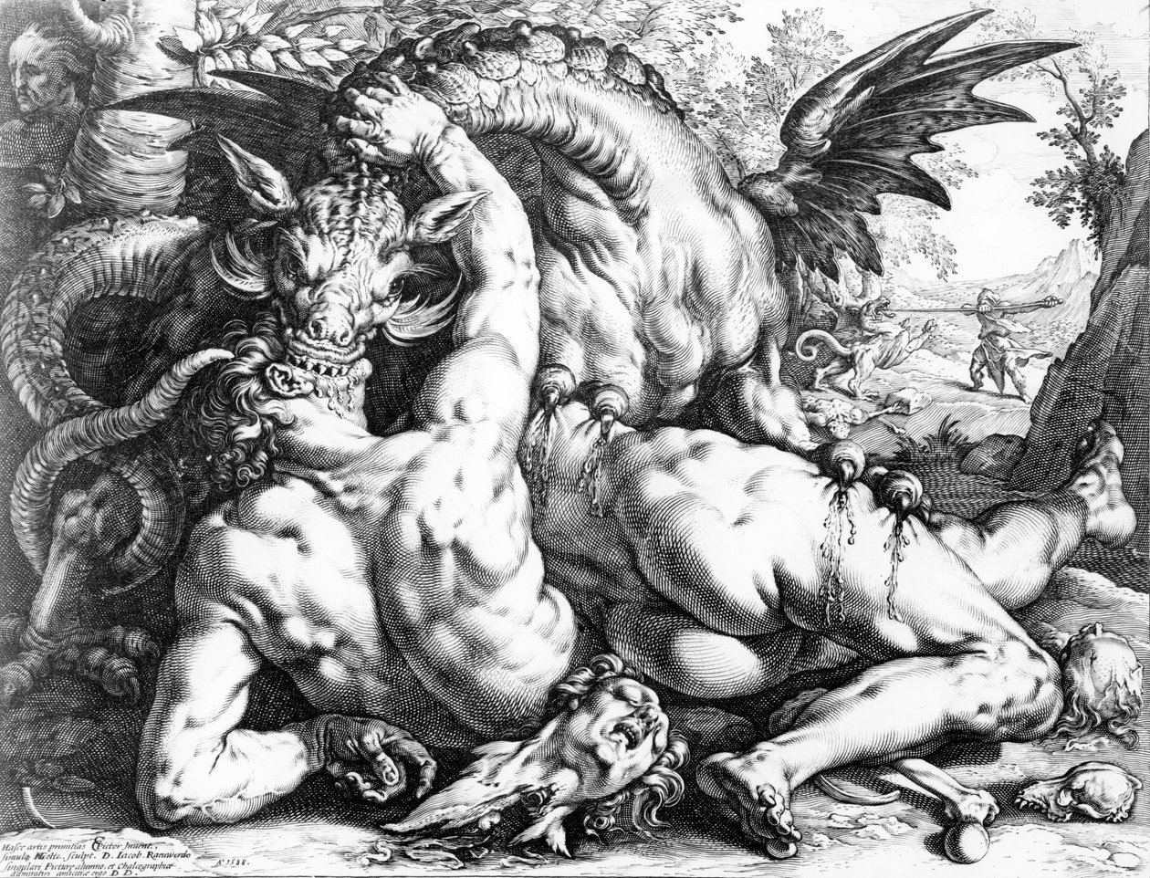 Smok pożerający towarzyszy Kadmosa, ryc. Hendrik Goltzius, 1588 autorstwa Cornelis Cornelisz van Haarlem