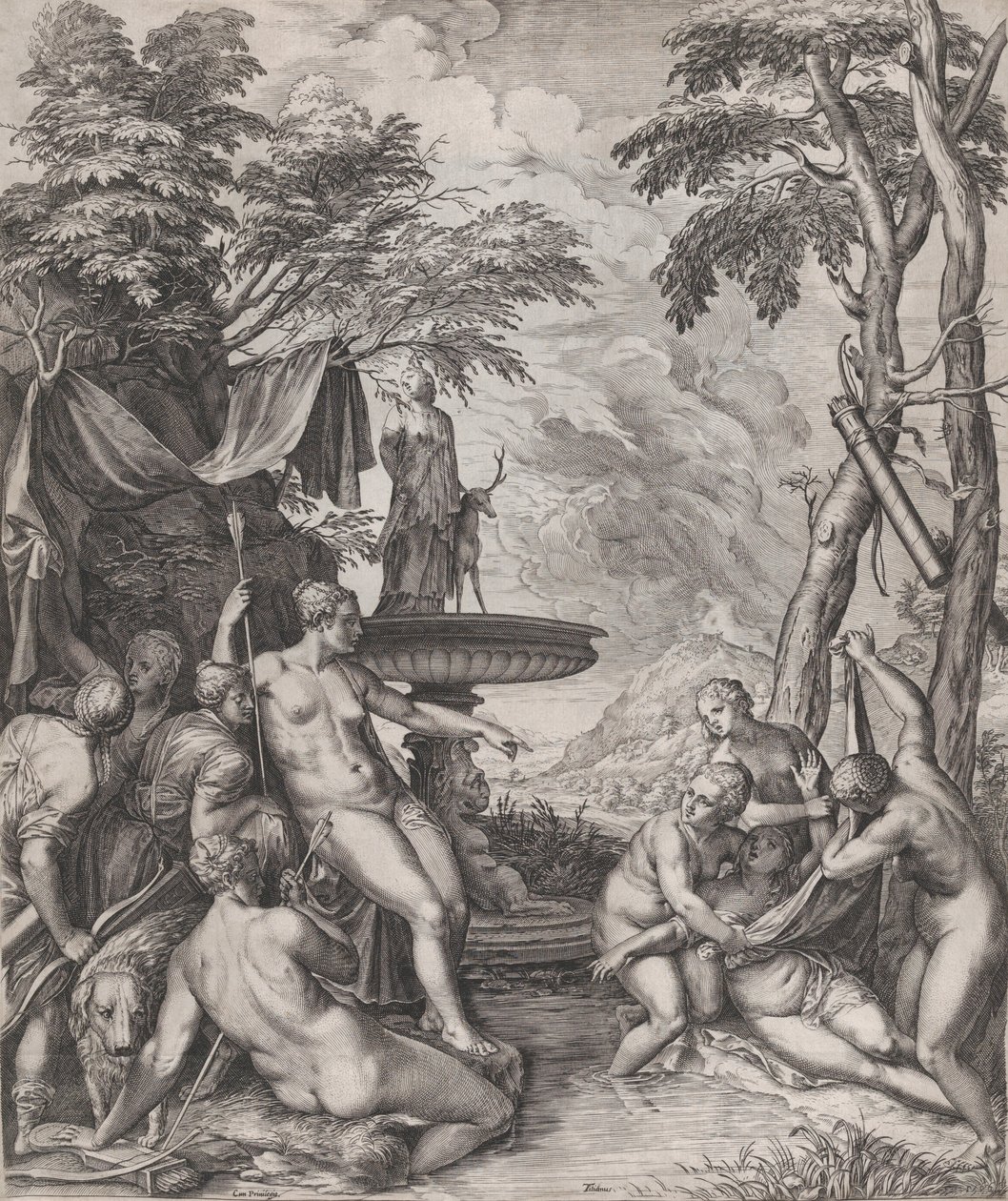 Diana odkrywa ciążę Callisto, 1566. autorstwa Cornelis Cort