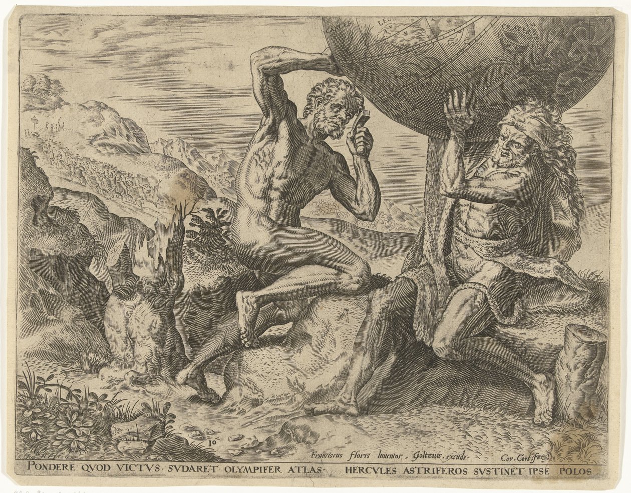 Hercules niesie kulę ziemską dla Atlas Prace Herkulesa (tytuł serii) autorstwa Cornelis Cort