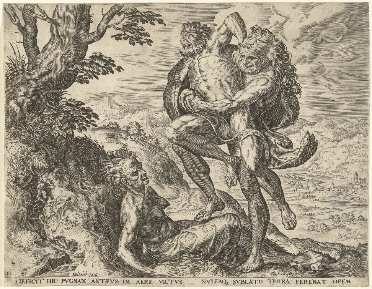 Herkules zmaga się z Antaeusem Prace Herkulesa (tytuł serii) autorstwa Cornelis Cort