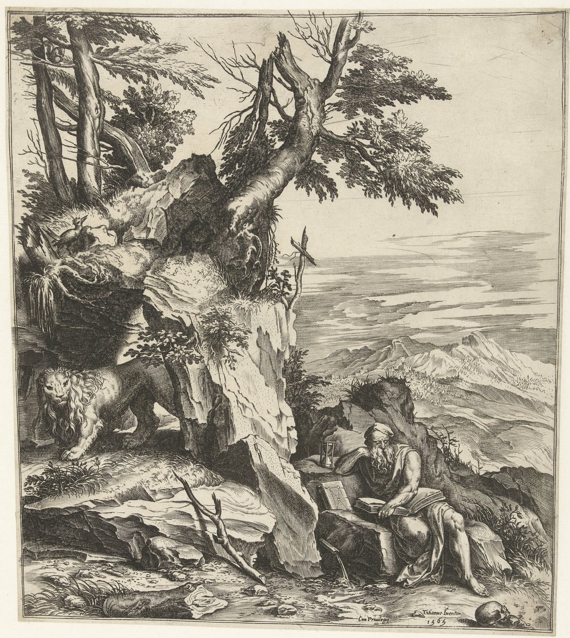 Krajobraz z czytaniem Hieronim autorstwa Cornelis Cort
