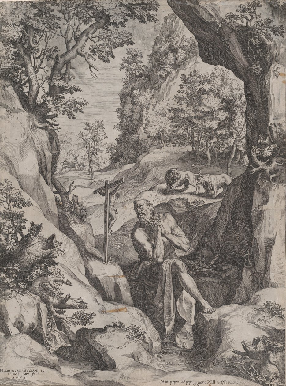 Św. Hieronim pokutnik na pustyni, 1573. autorstwa Cornelis Cort