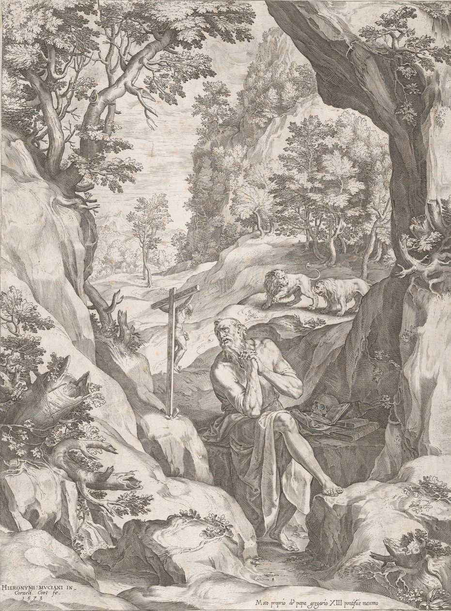 Św. Hieronim pokutnik na pustyni, 1573. autorstwa Cornelis Cort
