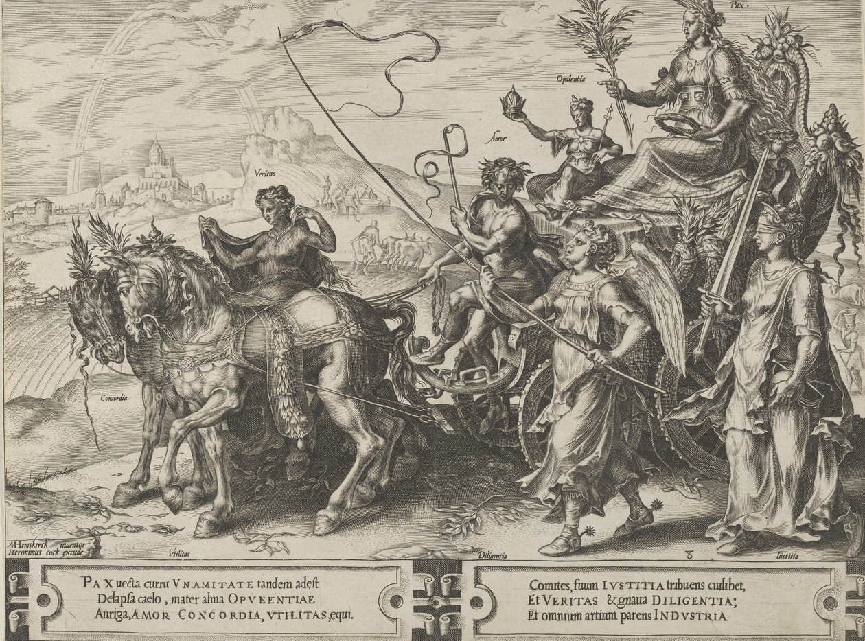 Triumf pokoju, z Cyklu perypetii ludzkich, tablica 8, 1564. autorstwa Cornelis Cort