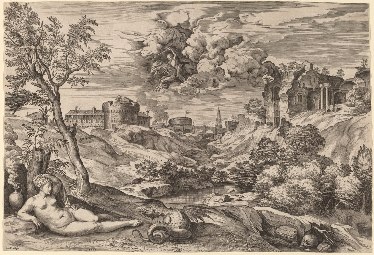 Krajobraz z Rogerem Liberating Angelica autorstwa Cornelis Cort after Titian
