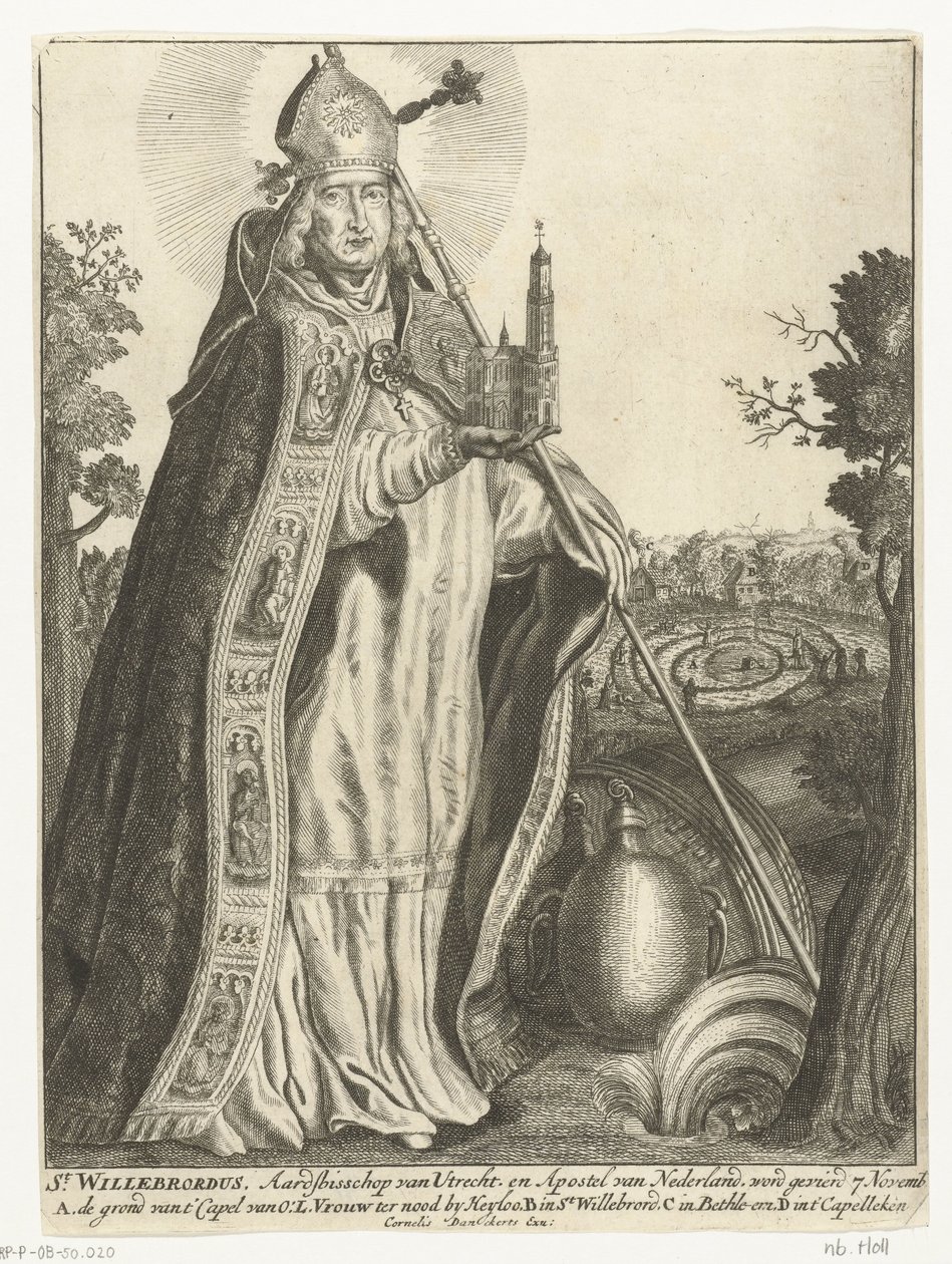 Św. Willibrord jako arcybiskup z modelem kościoła Dom w Utrechcie St. Willebrord (tytuł na obiekcie) autorstwa Cornelis Danckerts (I)