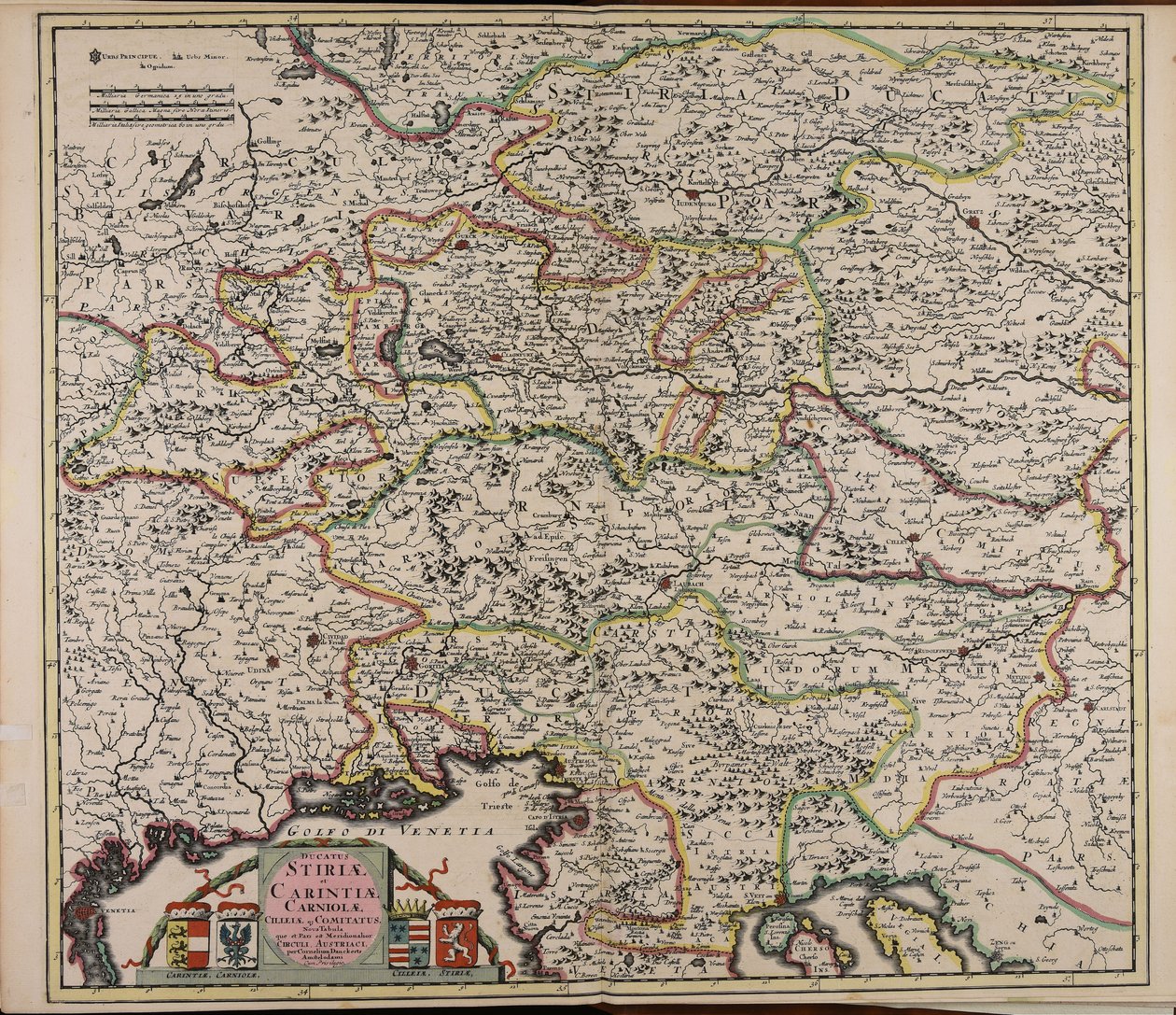 Ducatus Stiriae et Carintiae Carniolae Cilleiae que comitatus nova tabula que et pars est meridionalior circuli Austriaci autorstwa Cornelis Danckerts
