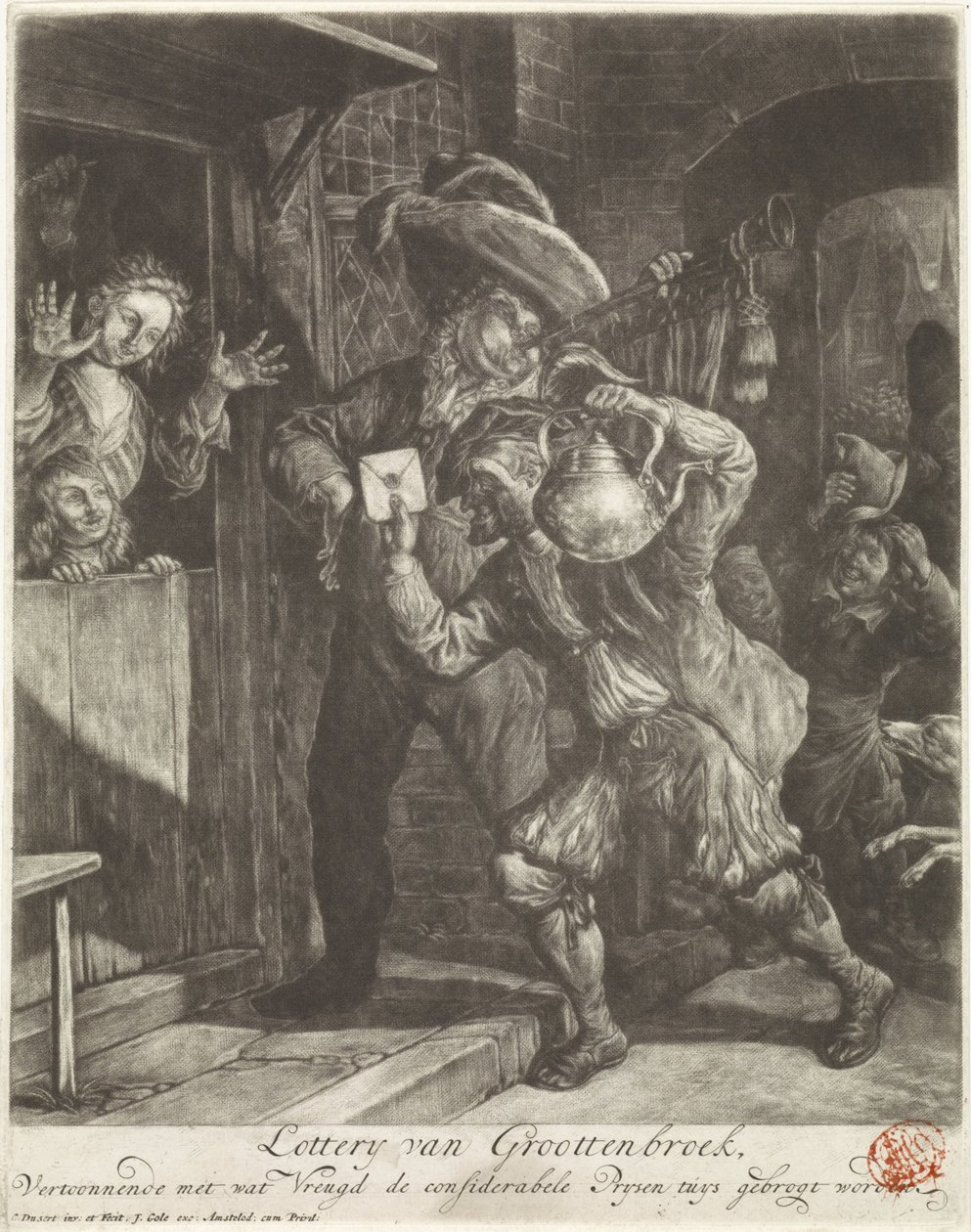 Loteria Grootebroek, 1694 Loteria van Groottenbroek, Eksponująca z jaką radością troskliwy Prysen tuys be brogt (tytuł na obiekcie) autorstwa Cornelis Dusart