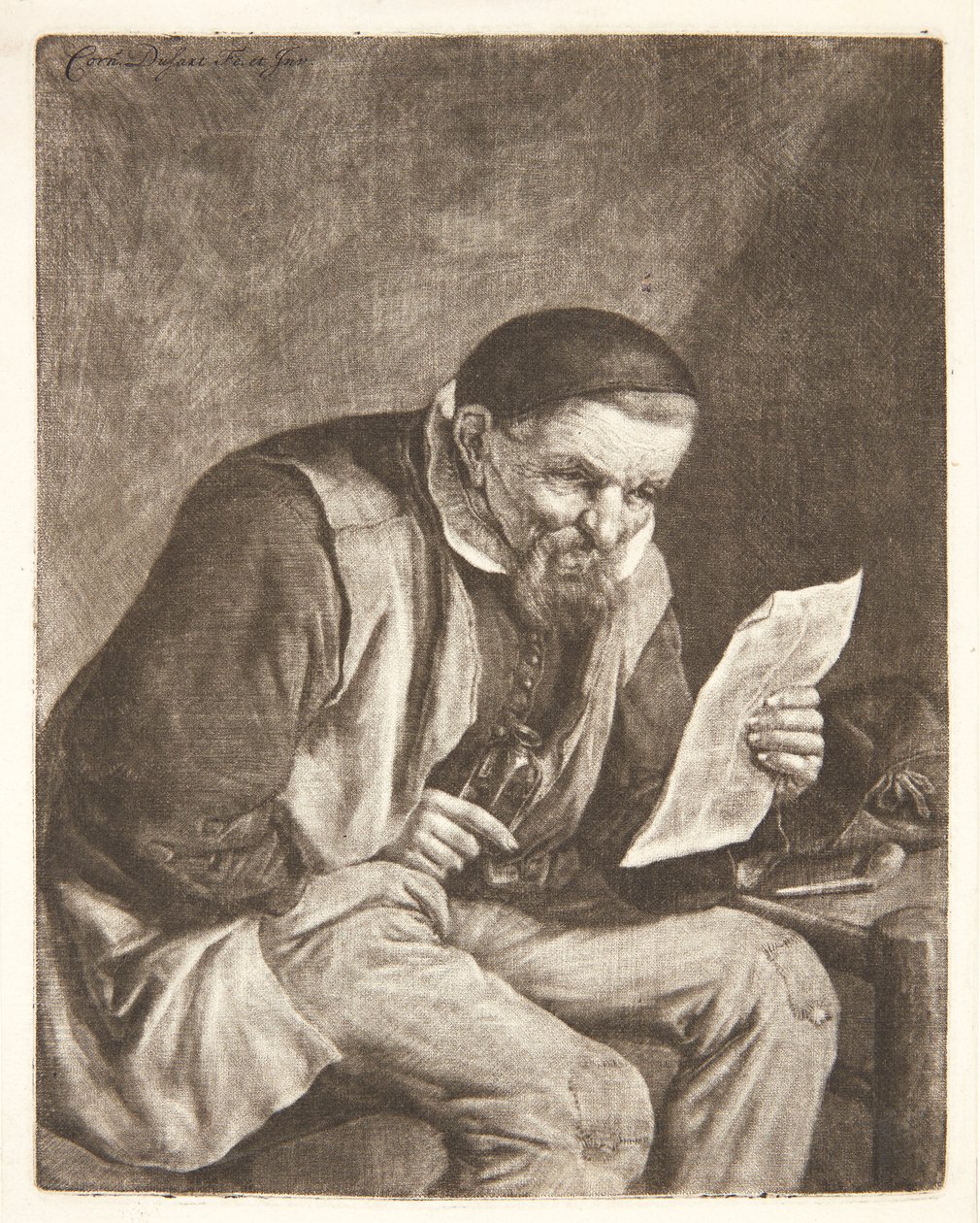 Siedzący chłop czytający list autorstwa Cornelis Dusart