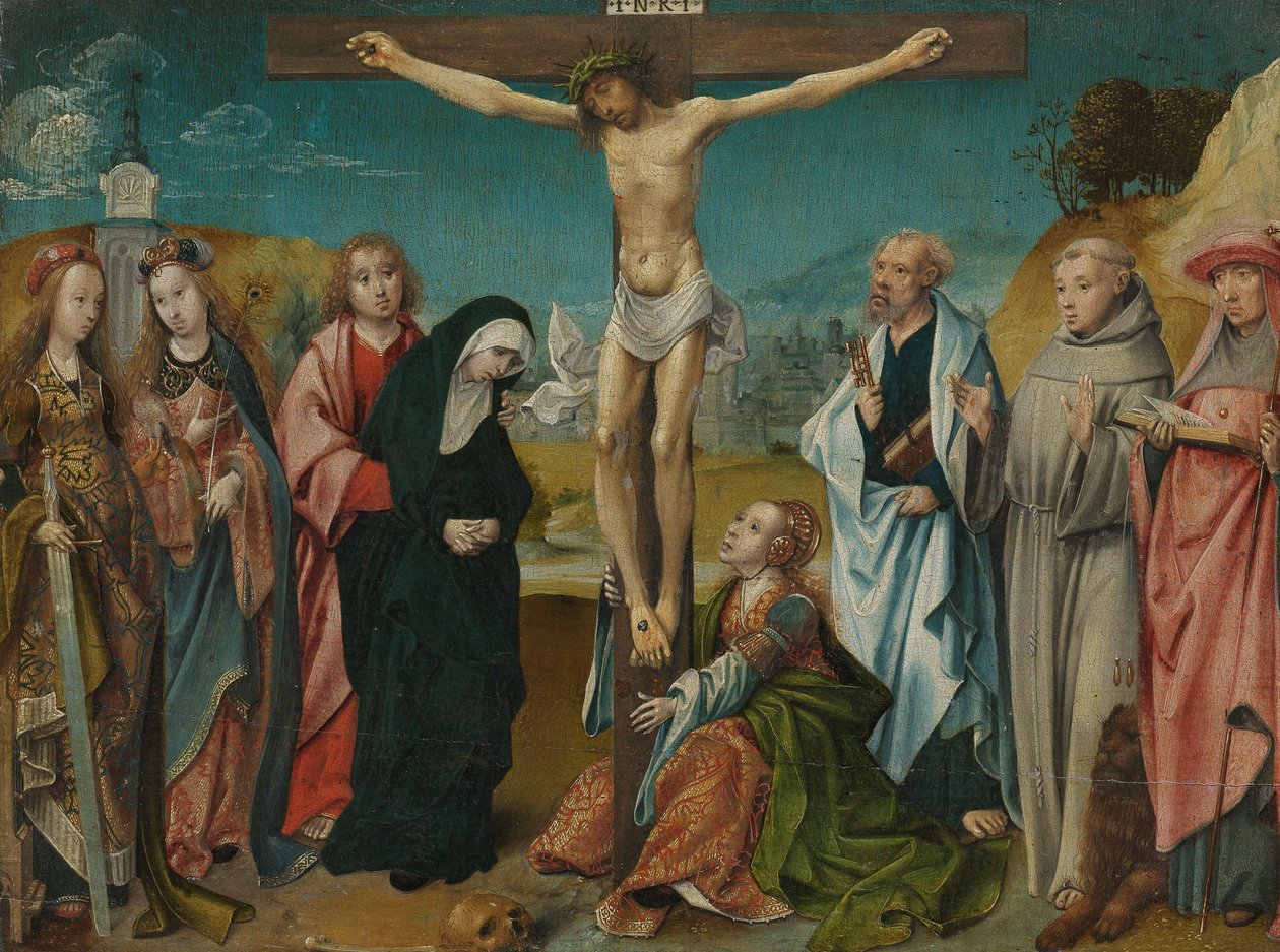 Chrystus na krzyżu, z Marią, Janem, Marią Magdaleną i św. Cecylią i Barbarą (po lewej) oraz Piotrem, Franciszkiem i Hieronima (po prawej) autorstwa Cornelis Engebrechtsz