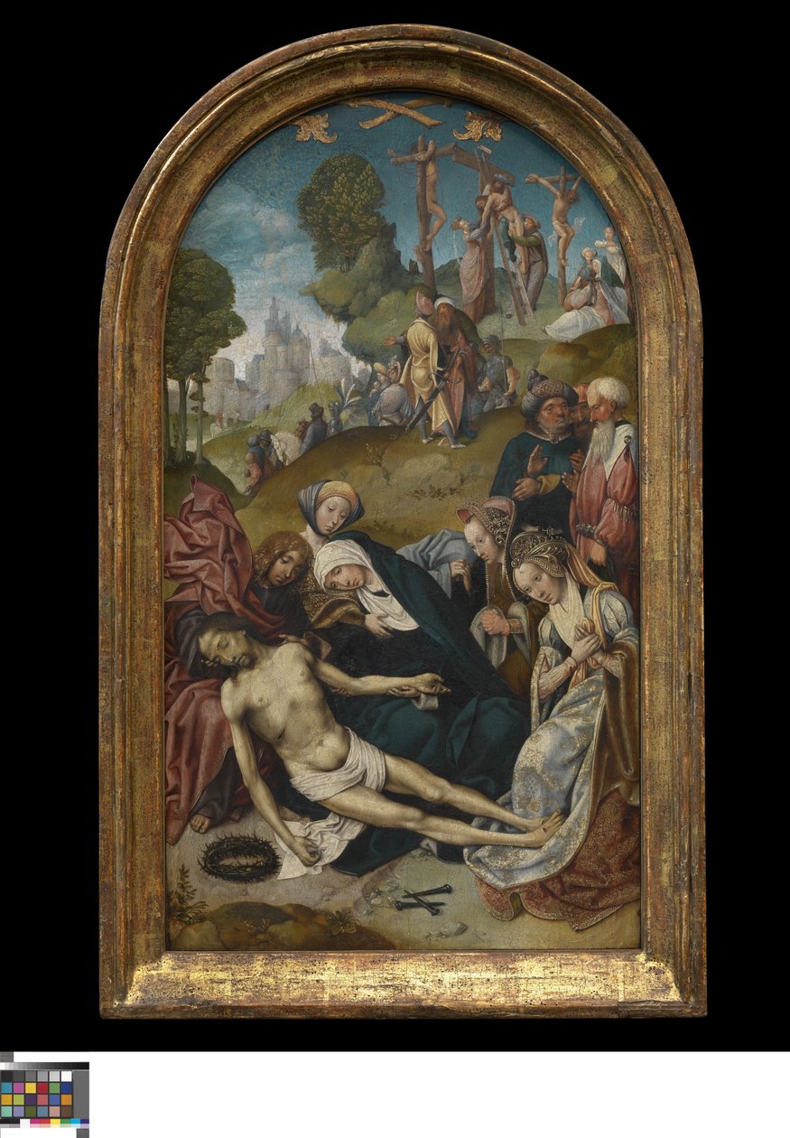 Lament; w tle zmniejszenie krzyża autorstwa Cornelis Engebrechtsz.