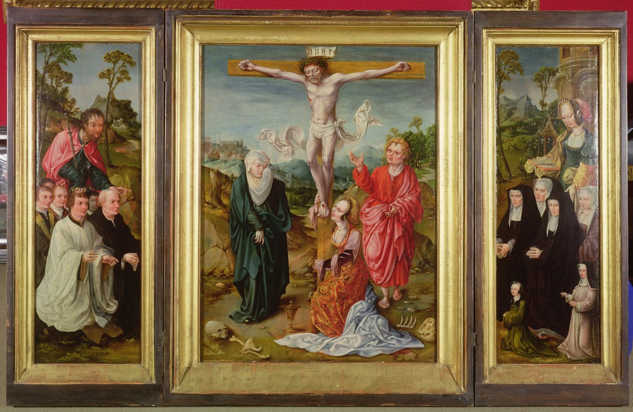 Tryptyk Ukrzyżowania: Św. Barbara z Darczyńcami (prawe skrzydło); św. Jakuba Większego z Darczyńcami (lewe skrzydło); Ukrzyżowanie (w środku) autorstwa Cornelis Engebrechtsz