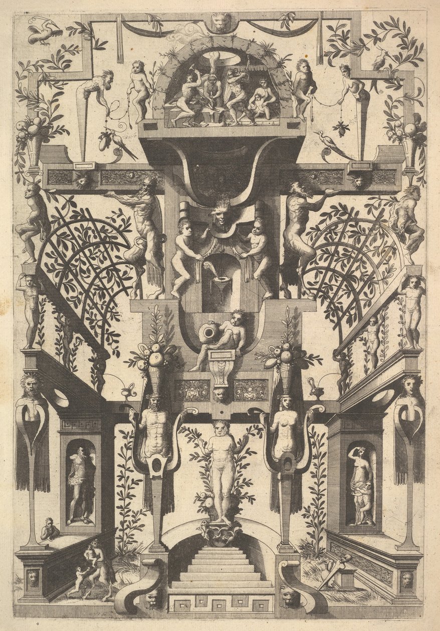 Fantastyczna struktura architektoniczna z strapworkami i dwiema pergolami oraz małą sceną z Vu..., 1557. autorstwa Cornelis Floris Ii