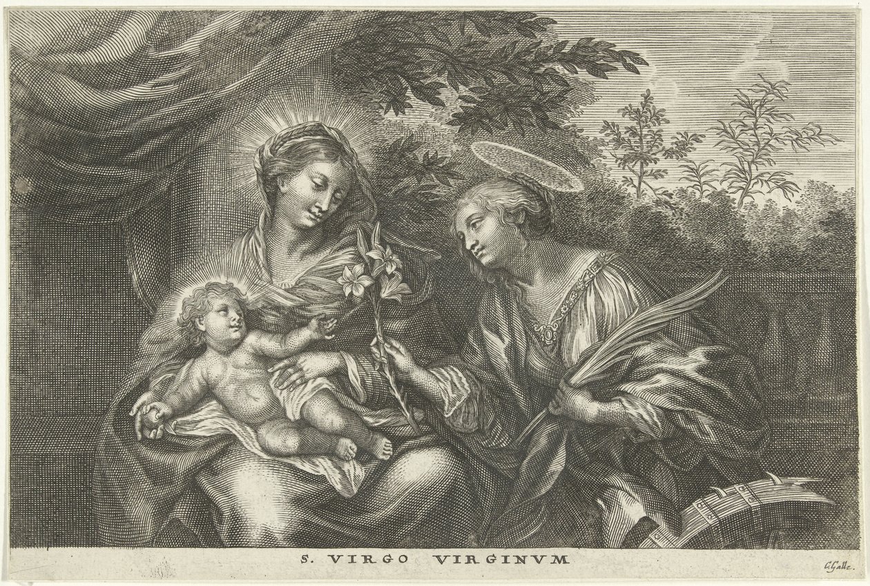 Maryja z Dzieciątkiem i św. Katarzyna Aleksandryjska S. Virgo Virginvm (tytuł na obiekcie) autorstwa Cornelis Galle (I)