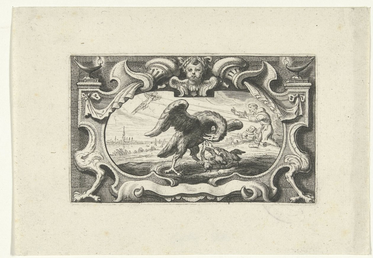 Winieta z pelikanem karmiącym swoje młode własną krwią autorstwa Cornelis Galle (II) (attributed to)