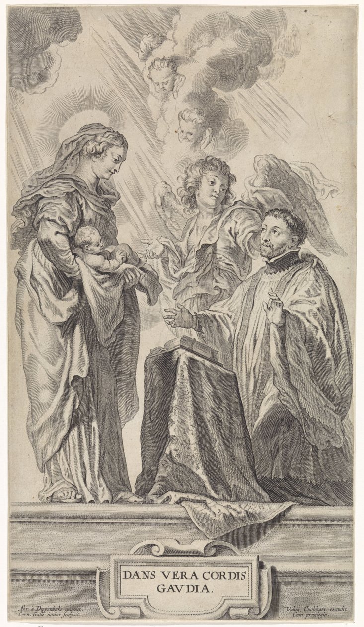 Nieznany święty (Ignacy Loyola?) klęka przed Maryją z dzieckiem autorstwa Cornelis Galle (II)