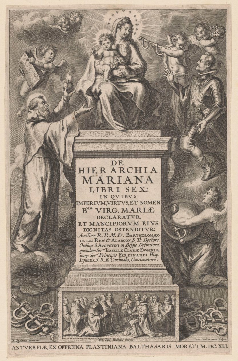 Intronizowana Maryja z Dzieciątkiem Strona tytułowa dla: B. de los Rios, De hierarchia Mariana libri sex, Antwerpia: 1641 autorstwa Cornelis Galle (II)