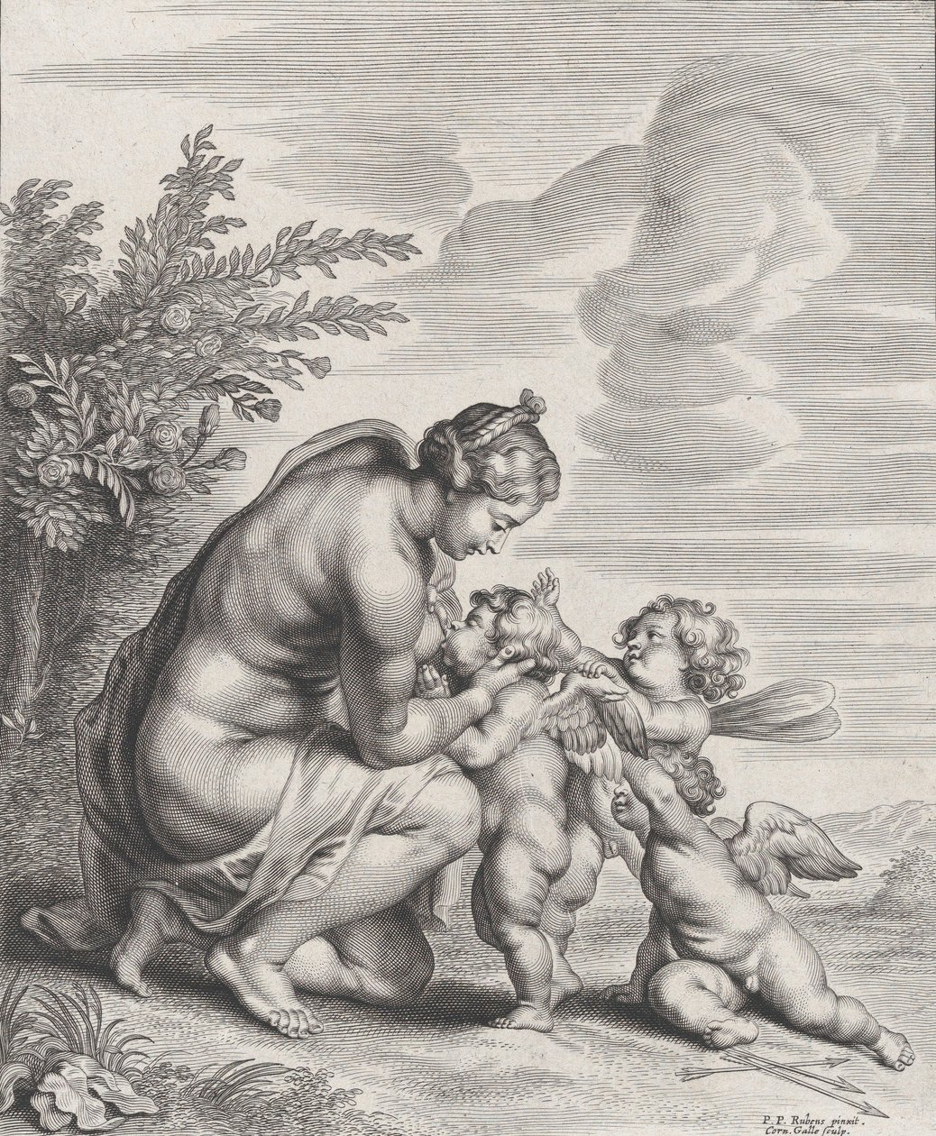 Wenus pielęgnująca trzy amorki w krajobrazie, ca. 1627-78. autorstwa Cornelis Galle II