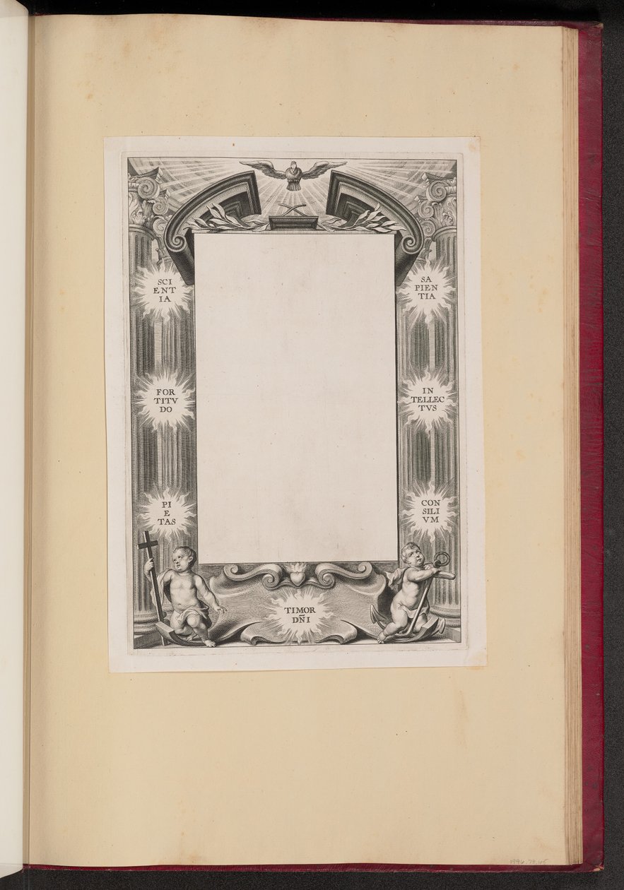 Ilustracja granicy z dwoma puttami "wiedza, męstwo, pobożność, strach-DNI, mądrość, intelekt, consilivm" autorstwa Cornelis Galle I