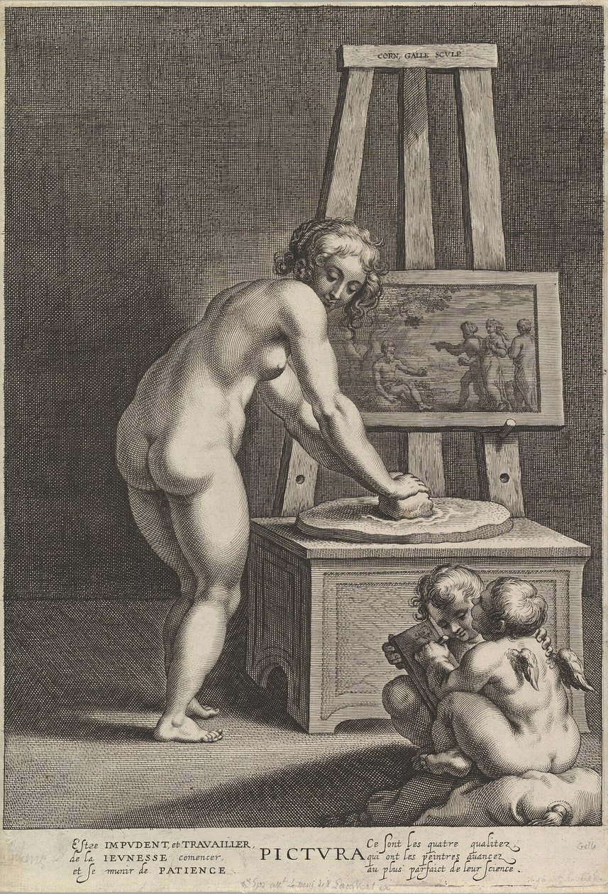 Pictura: alegoria malarstwa, z nagą kobietą w centrum rozdrabniającą pigmenty, dwa p..., ca. 1610-50. autorstwa Cornelis Galle I