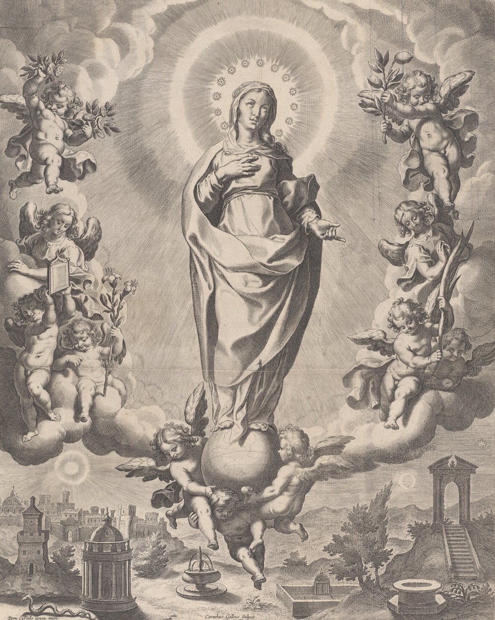 Dziewica w chwale, stojąca na obłokach i otoczona aniołami trzymającymi symbole ..., 1595-1633. autorstwa Cornelis Galle I