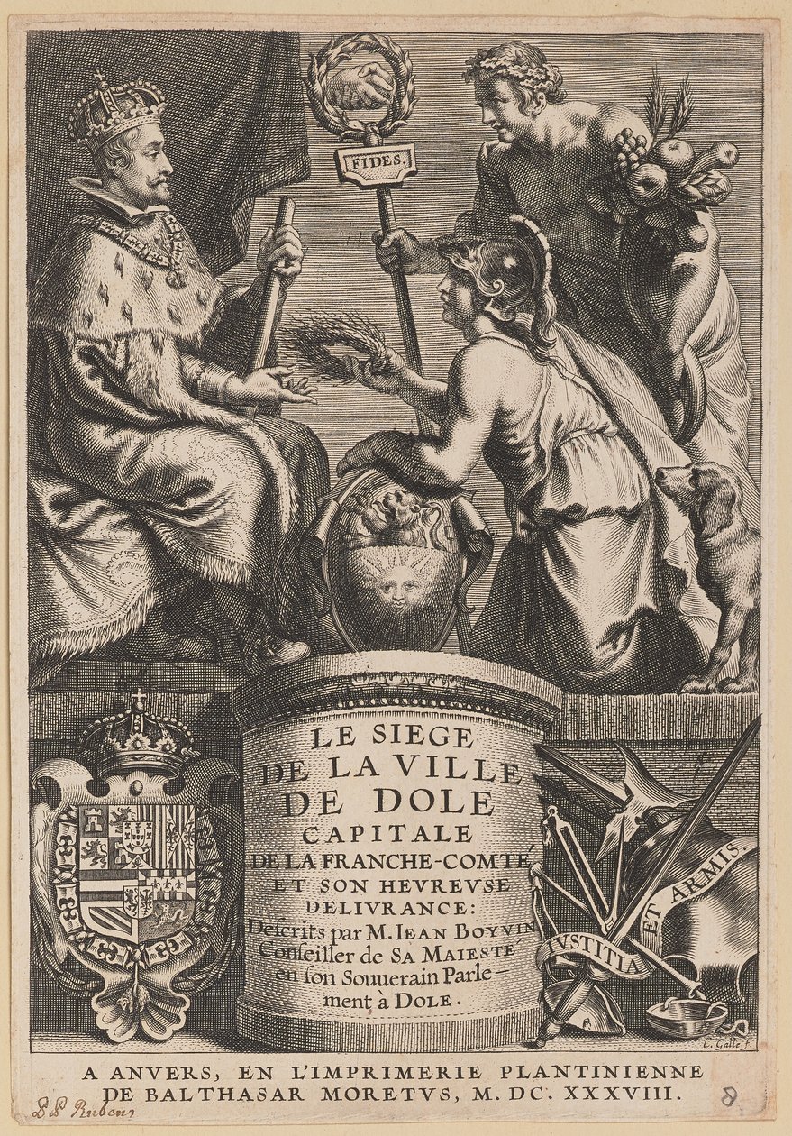 Strona tytułowa dla Jean Boyvin, Oblężenie miasta Dole autorstwa Cornelis Galle I after Erasmus Quellinus II after Sir Peter Paul Rubens