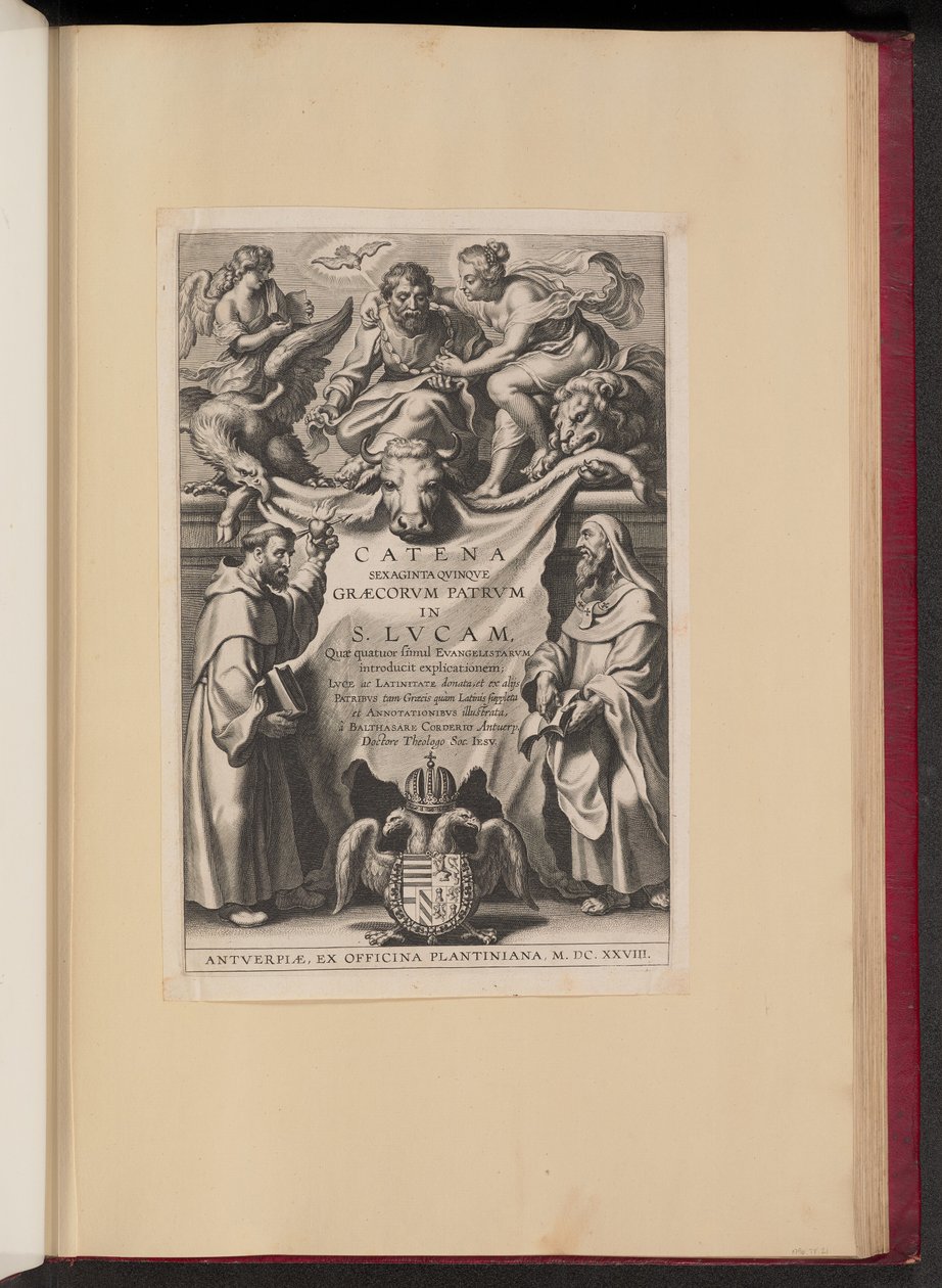 Strona tytułowa dla Balthasar Cordier, Łańcuch Sześćdziesięciu Qvinqve Graecorvm Patrvm w S. Lvcam... autorstwa Cornelis Galle I after Sir Peter Paul Rubens