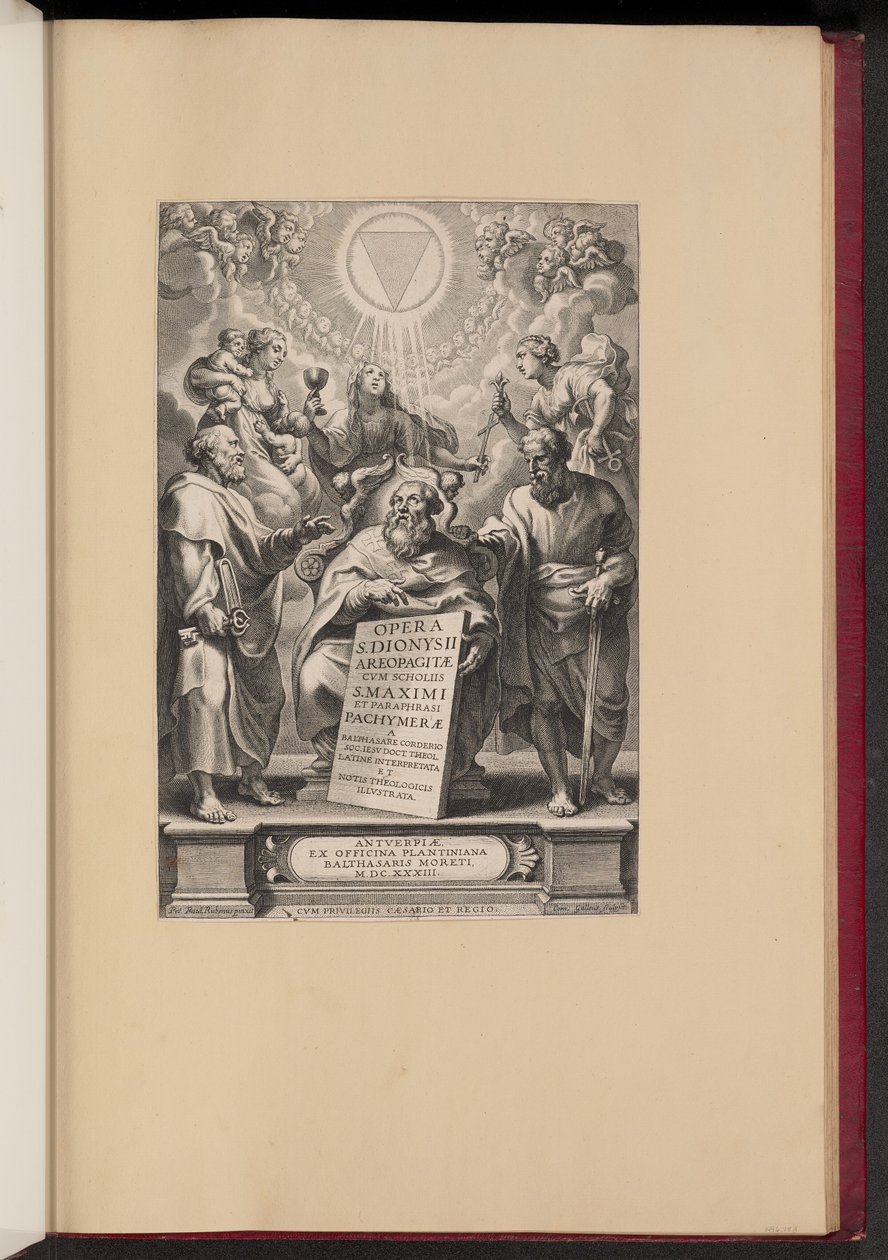 Strona tytułowa „Dzieła św. Dionizego Areopagity I” Baltazara Cordiera autorstwa Cornelis Galle I after Sir Peter Paul Rubens
