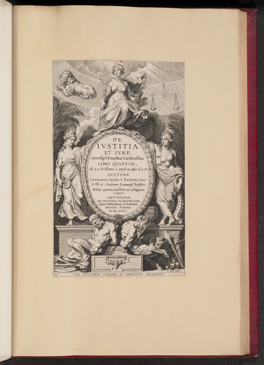 Strona tytułowa Leonarda Lessiusa, De Ivstitia et Ivre... autorstwa Cornelis Galle I after Sir Peter Paul Rubens