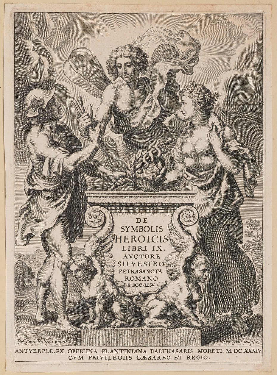 Strona tytułowa dla Silvester Pietrasanta, O heroicznych symbolach autorstwa Cornelis Galle I after Sir Peter Paul Rubens