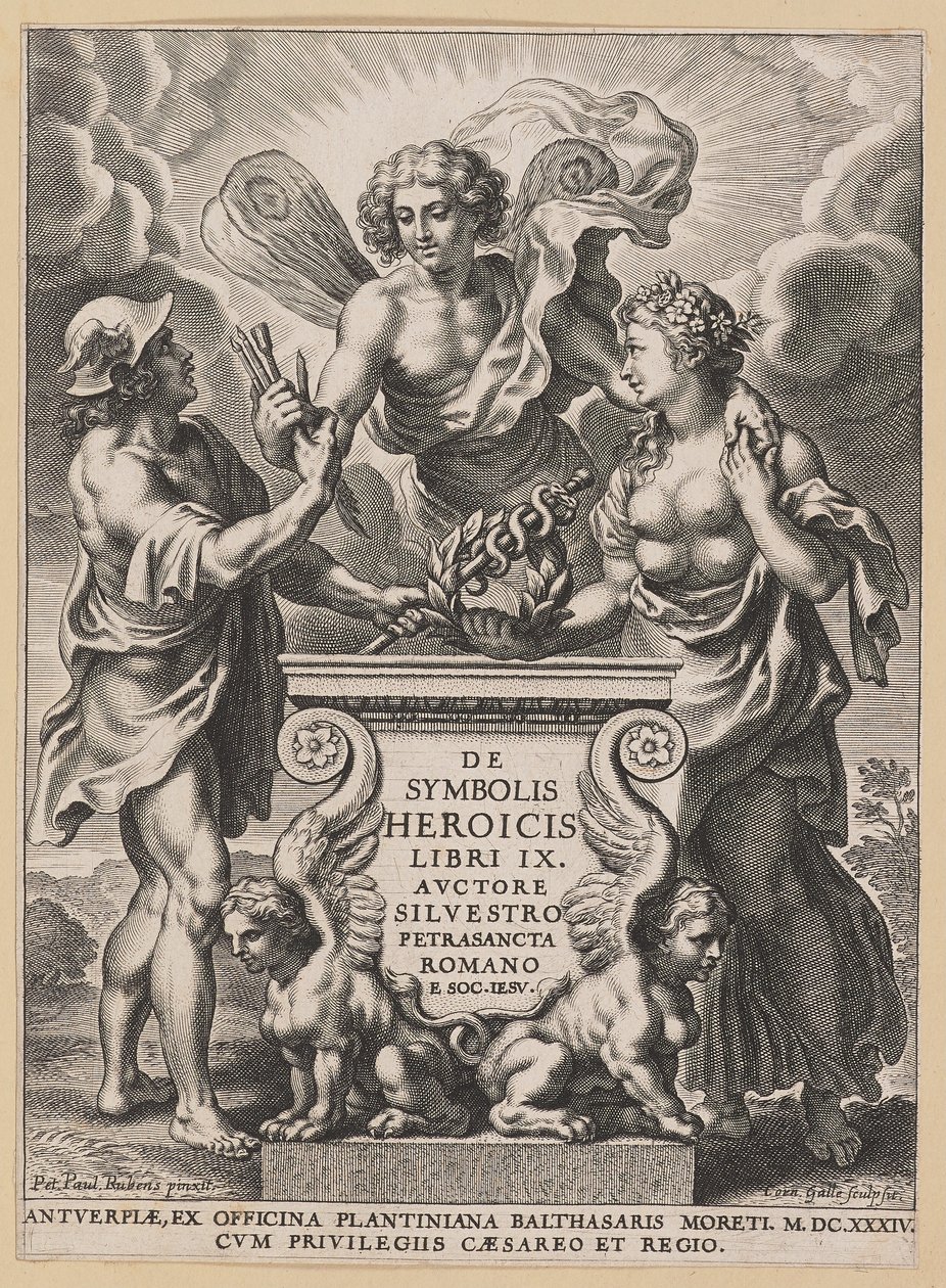 Strona tytułowa dla Silvester Pietrasanta, O heroicznych symbolach autorstwa Cornelis Galle I after Sir Peter Paul Rubens