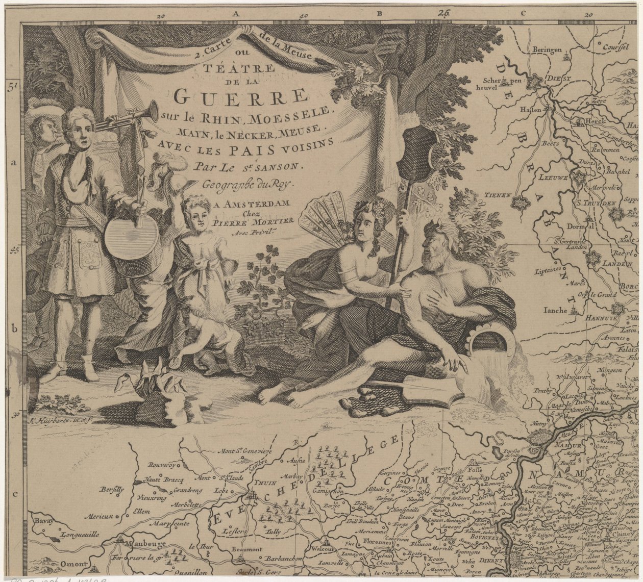 Mapa regionu na wschód i południe od Brukseli oraz hrabstwa Namur (u góry po lewej stronie) Carte de la Meuse ou Téâtre de la Guerre sur le Rhein, Moessele, Mayn, le Necker, Meuse avec les pais voisins (tytuł na obiekcie) autorstwa Cornelis Huyberts