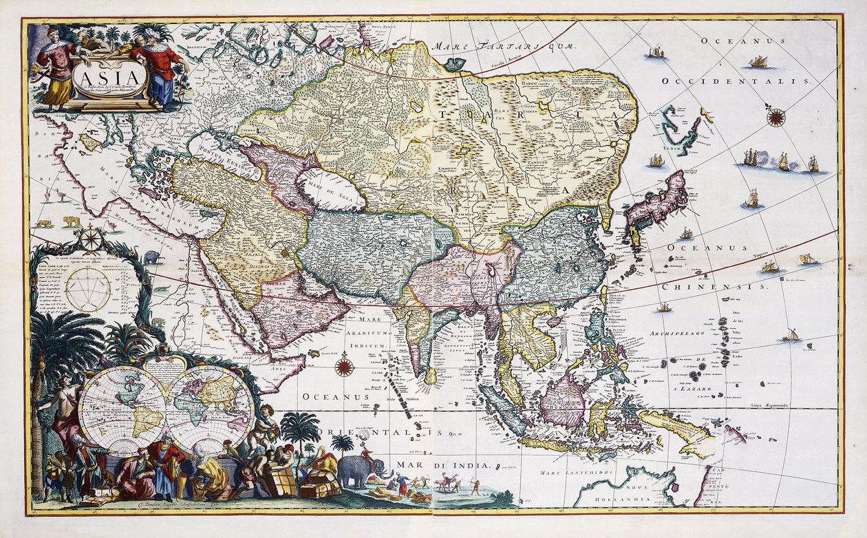 Mapa Azji, ok. 1696 (rycina ręcznie kolorowana) autorstwa Cornelis III Danckerts