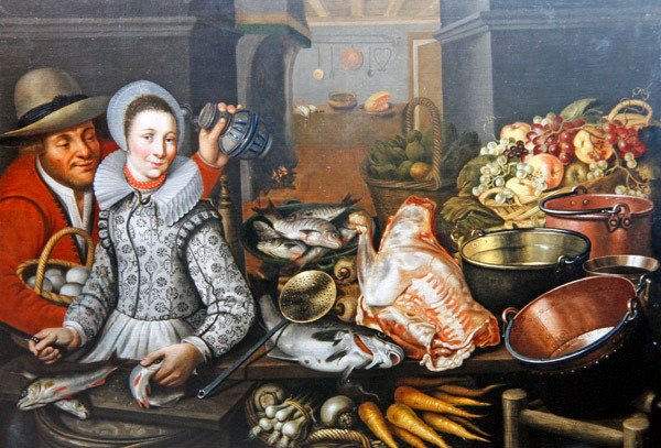 Martwa natura w kuchni z dwiema postaciami (olej na płótnie) autorstwa Cornelis Jacobsz Delff