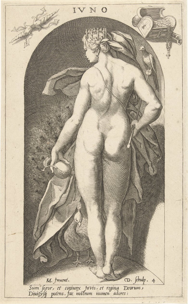 Juno z pawiem Iwno (tytuł na obiekcie) Starożytni bogowie (tytuł serii) autorstwa Cornelis Jacobsz. Drebbel