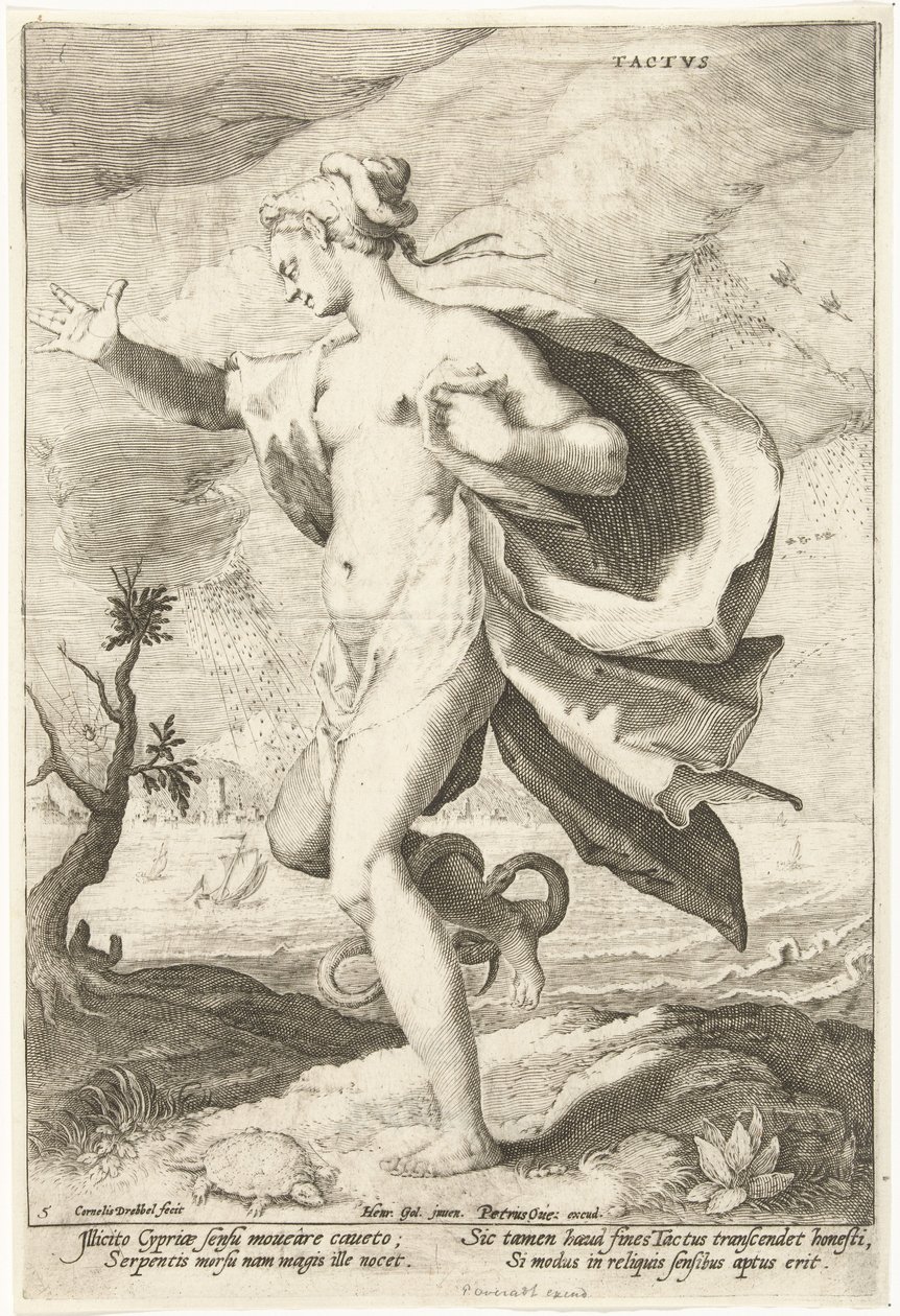 Tactvs (tytuł na obiekcie) Pięć zmysłów (tytuł serii) autorstwa Cornelis Jacobsz. Drebbel