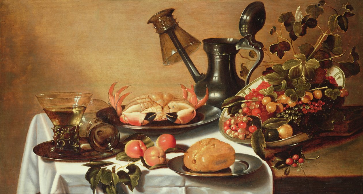 Martwa natura owocowa z krabem, przewrócony roehmer na dziobku dzbanka autorstwa Cornelis Kruys